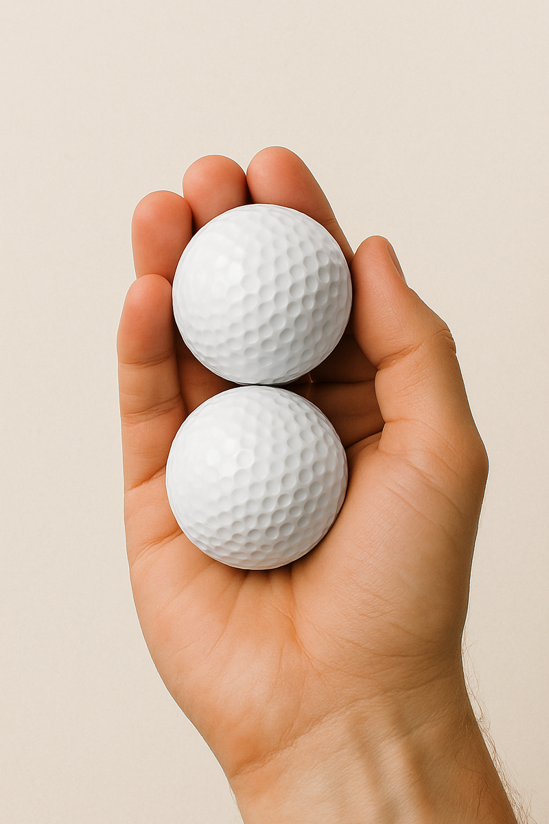 Hand holding two clean golf balls